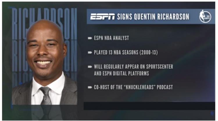 ESPN:正式签约前NBA球员昆汀-理查德森 后者将担任解说